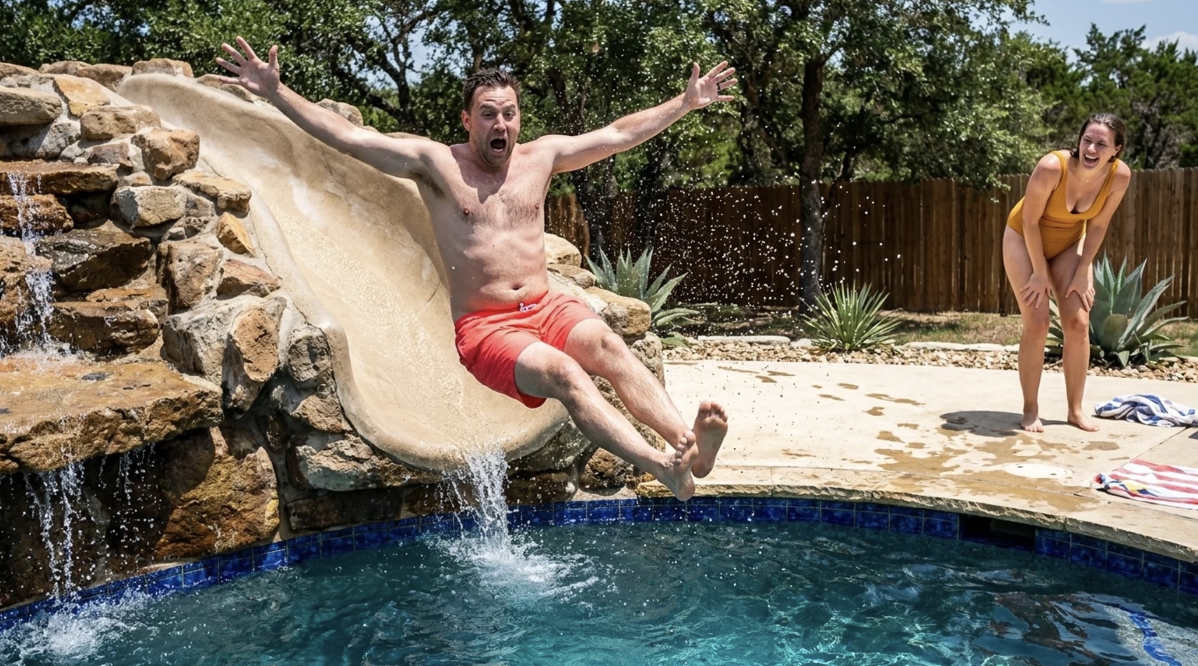 A splash at a natural stone pool slide