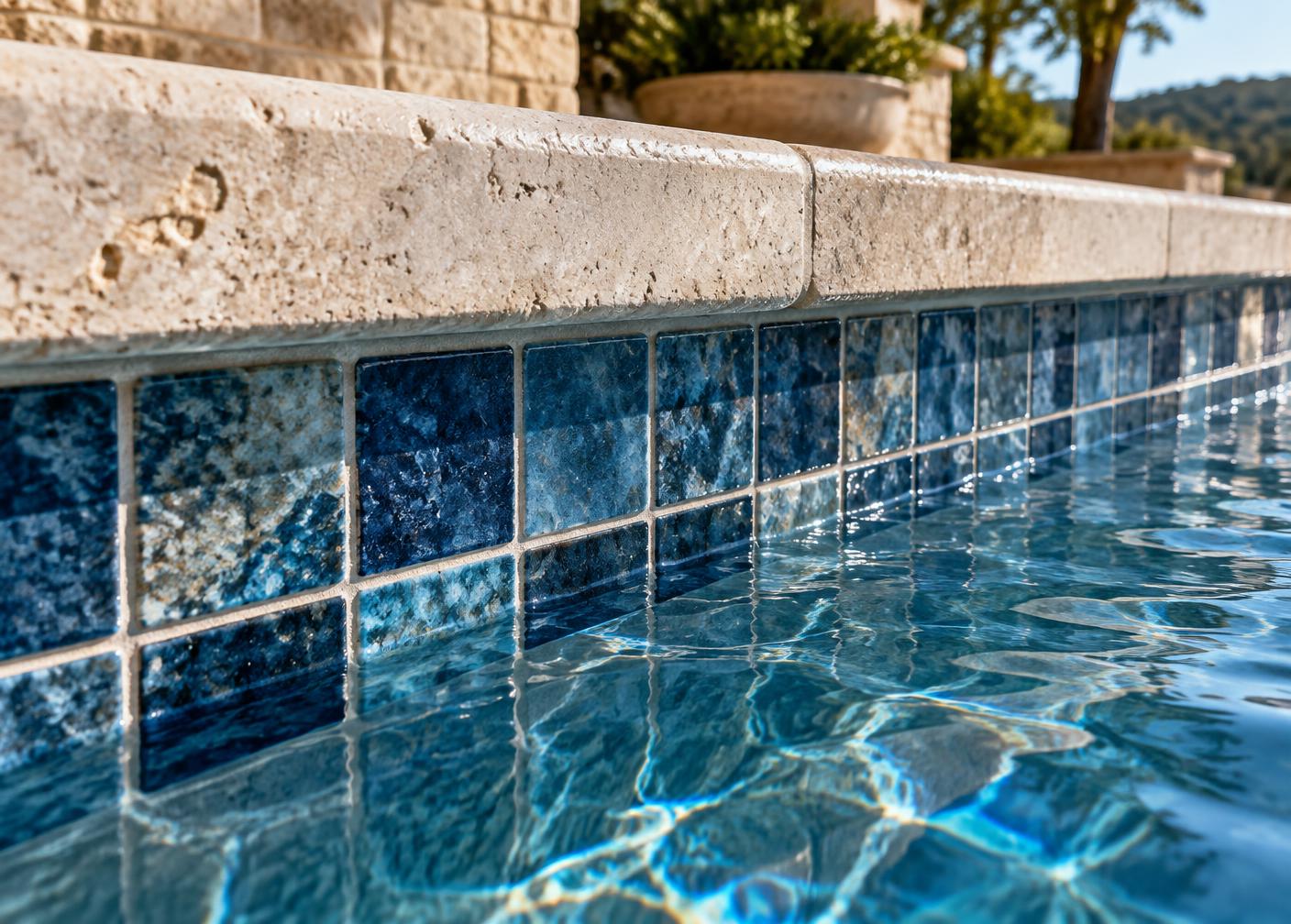 Close-up of waterline tile beneath limestone coping